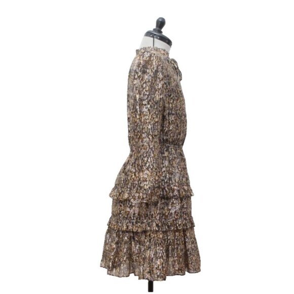 ba&sh Paris Mini Dress Sze2 Medium Printed Long Sleeve Ruffle Tiered V Neck Kaki - Picture 7 of 16